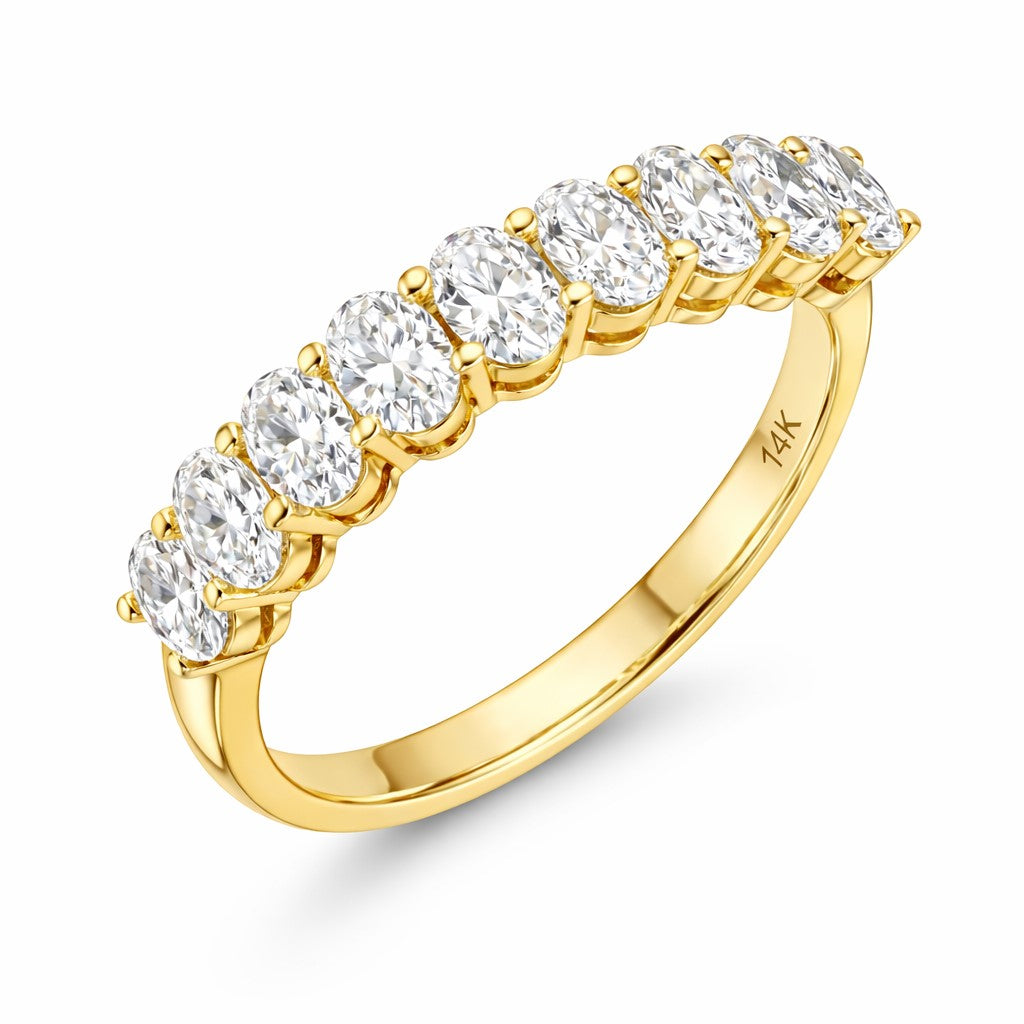 טבעת אובלים 9 אבנים מעבדה מזהב צהוב בעיצוב שורה יוקרתי עם ברק עשיר