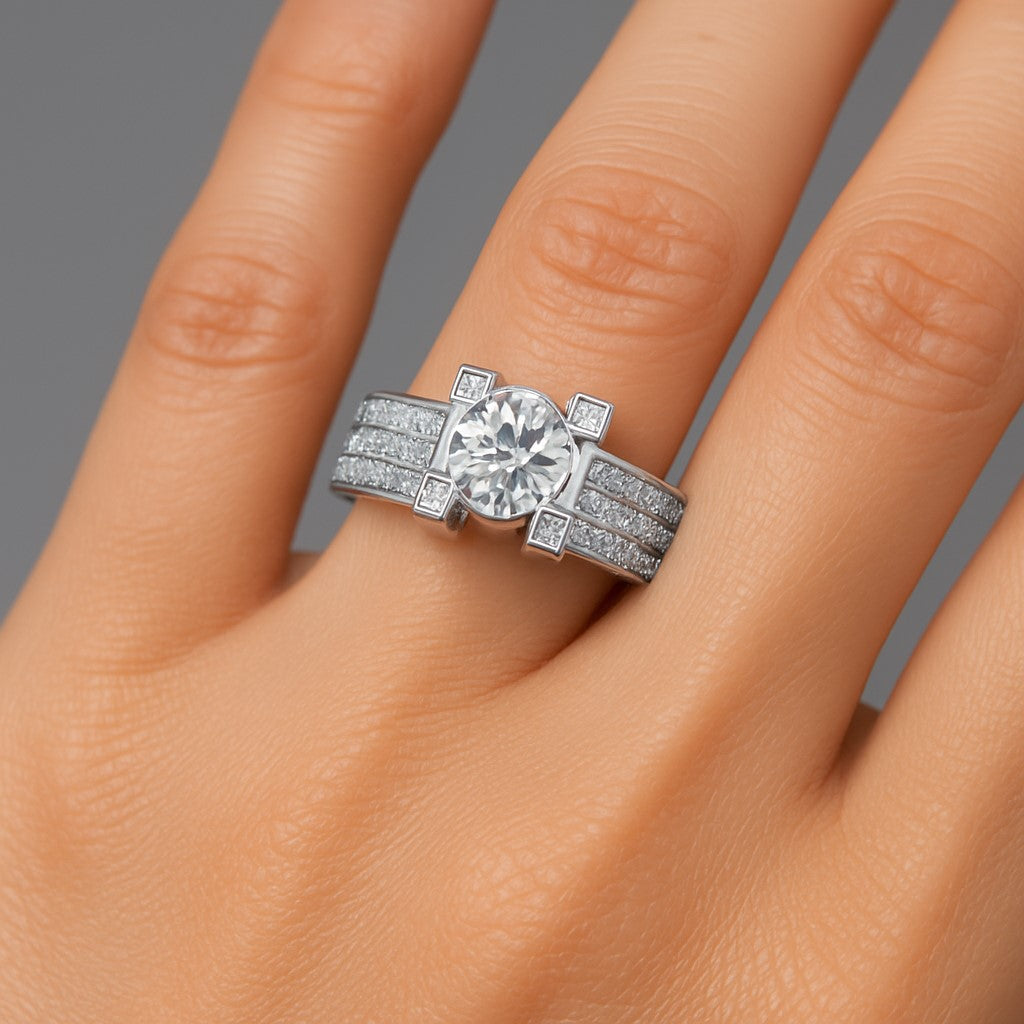 טבעת אירוסין דיאז מזהב לבן עם יהלום מעבדה מרכזי ושיבוץ מלא יוקרה