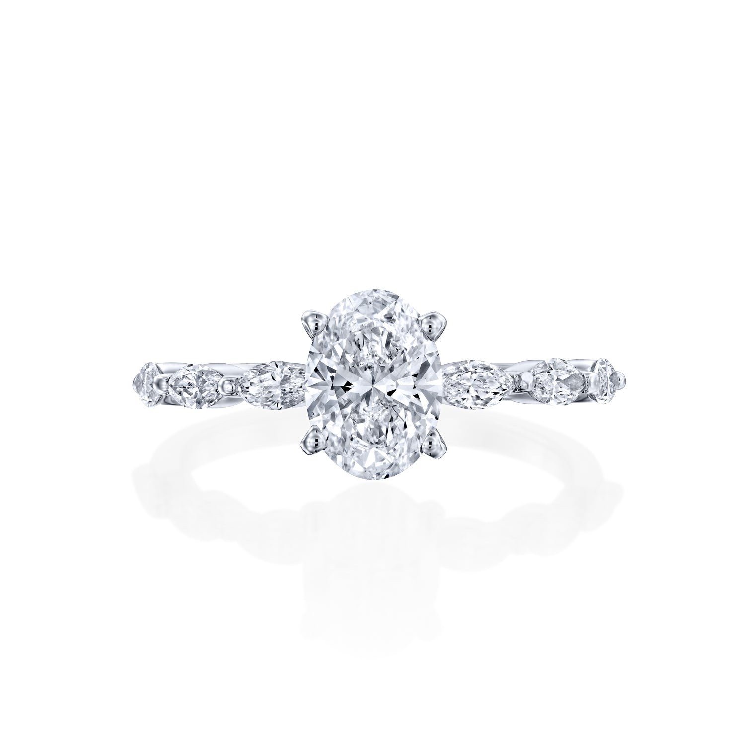 טבעת אירוסין זואי מזהב לבן בשיבוץ יהלומי אובל ומרקיזות