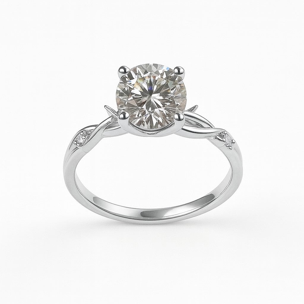 טבעת יהלום עגול בזהב לבן 14K עם עיטורי קוצים יוקרה בעיצוב חד-פעמי