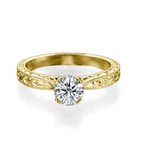 טבעת אירוסין זהב צהוב וינטג בעבודת יד עם יהלום מעבדה מבריק