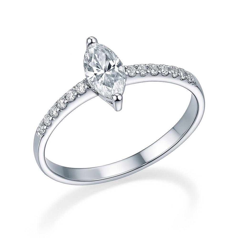 טבעת אירוסין אלזה עם יהלום מרקיזה זהב לבן ויהלומים משובצים