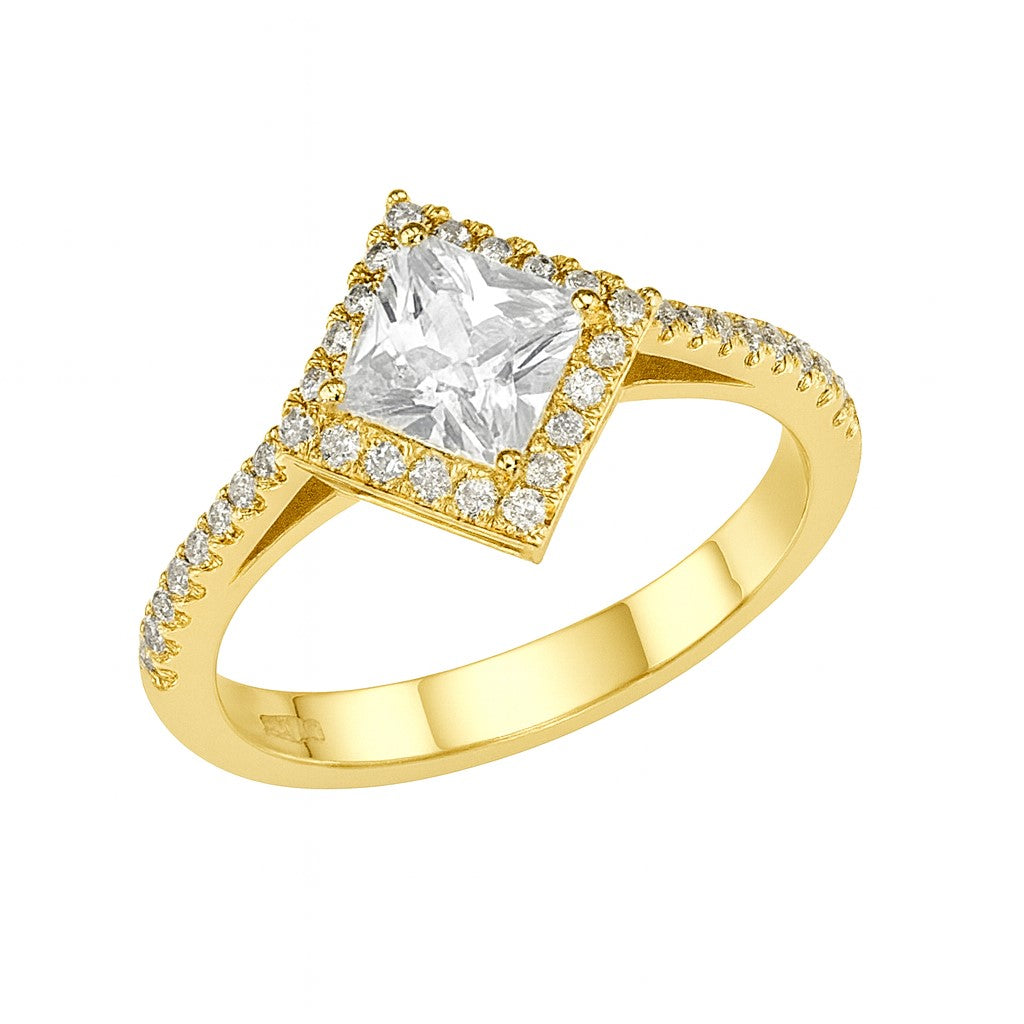 טבעת אמילי זהב צהוב עם יהלום מעבדה פרינסס מרובע ושיבוץ היקפי עדין