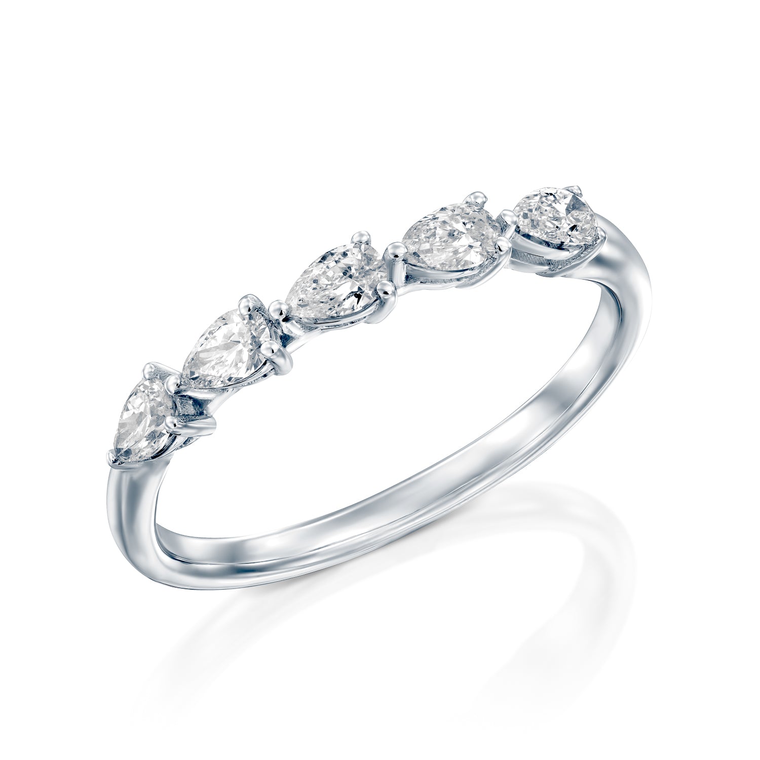 טבעת שורה מזהב לבן 5 יהלומי מעבדה מושלמים בצורת טיפה