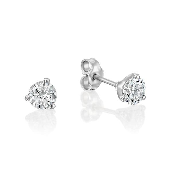 עגילי יהלומי מעבדה צמודים בעיצוב 3 שיניים עדינות מזהב לבן