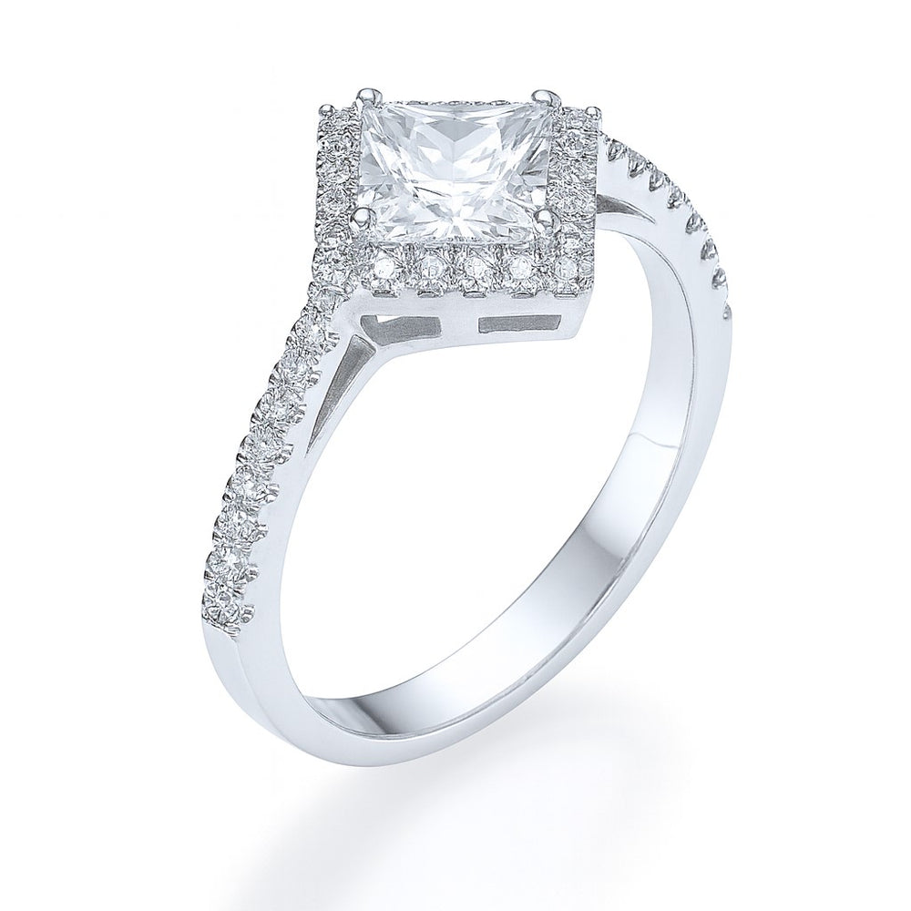 טבעת אמילי זהב לבן עם יהלום מעבדה פרינסס בעיצוב מרובע והילה נוצצת