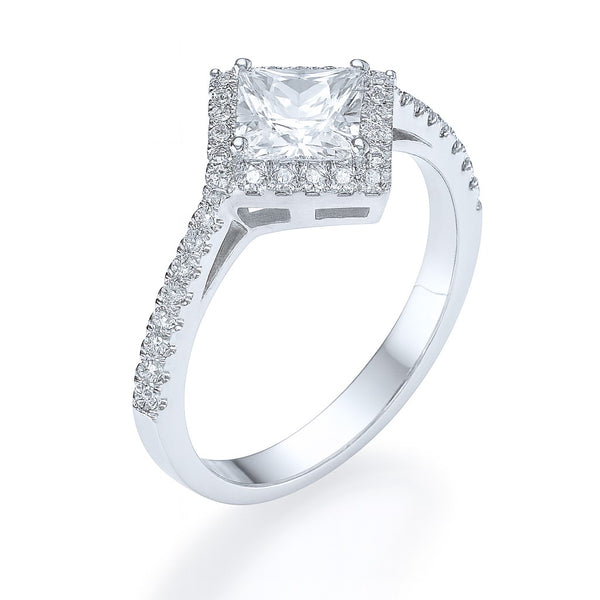 טבעת אמילי זהב לבן עם יהלום מעבדה פרינסס בעיצוב מרובע והילה נוצצת