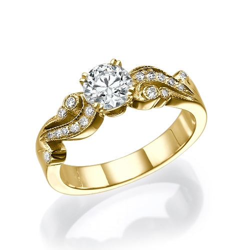 טבעת ג'ני וינטג זהב צהוב עם יהלום מעבדה מרכזי וזרועות משובצות יהלומים