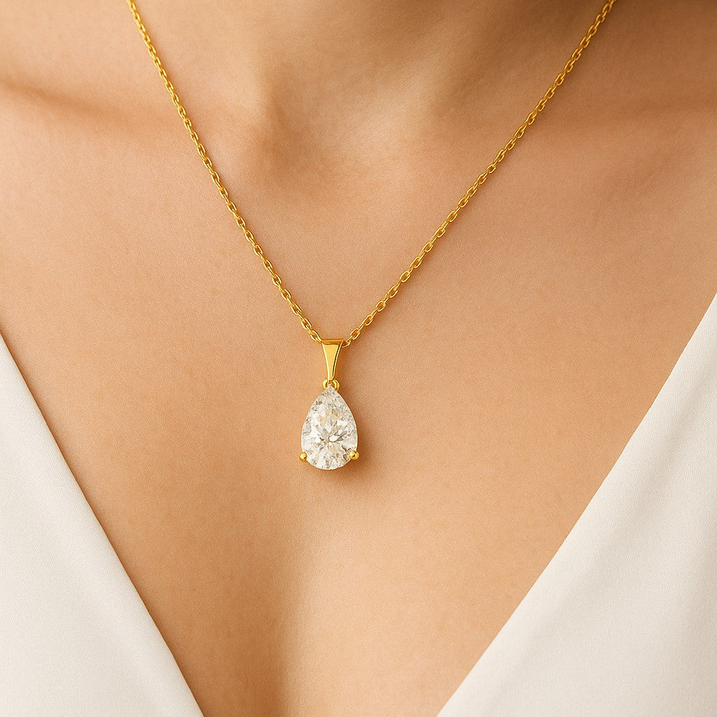 תליון יהלום 2 קראט מעבדה טיפה PEAR סוליטר מזהב צהוב