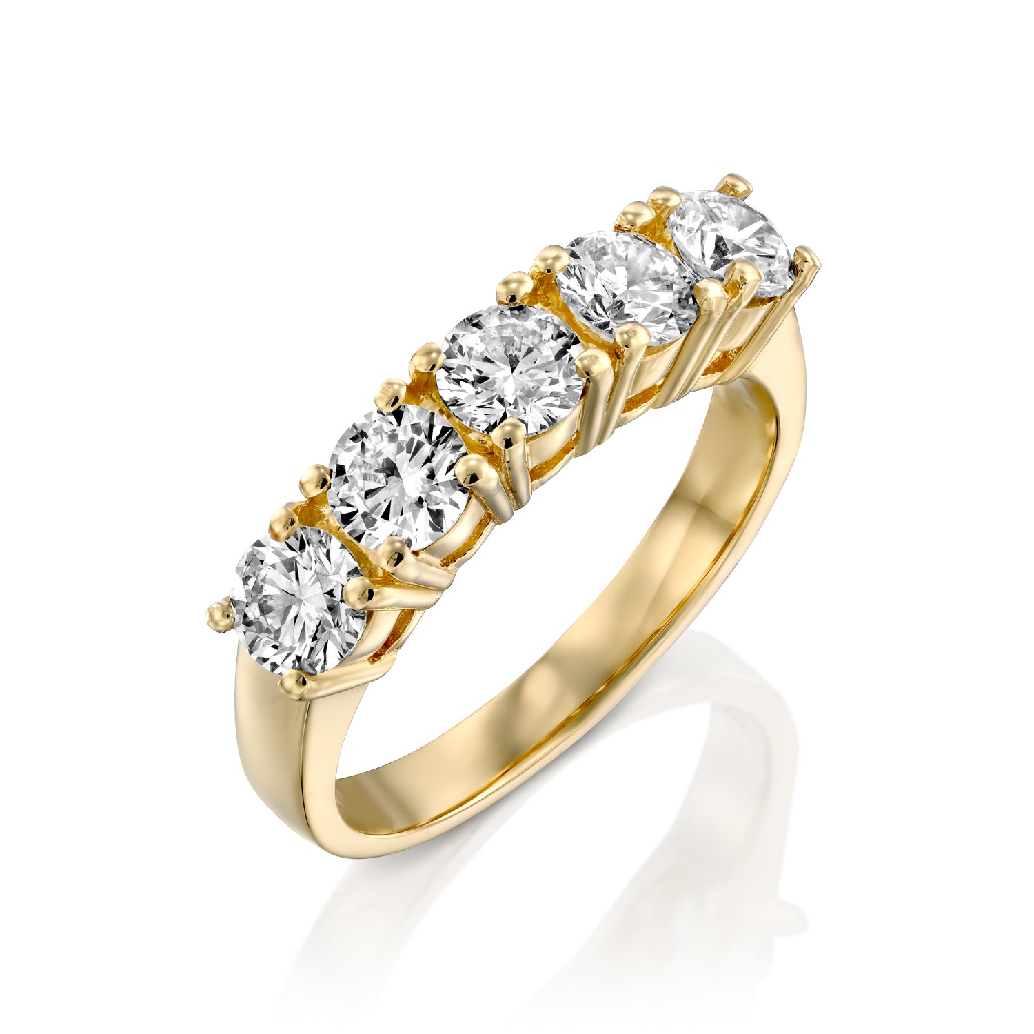 טבעת זהב צהוב עם 5 יהלומים עגולים מרשימים בעיצוב יוקרתי