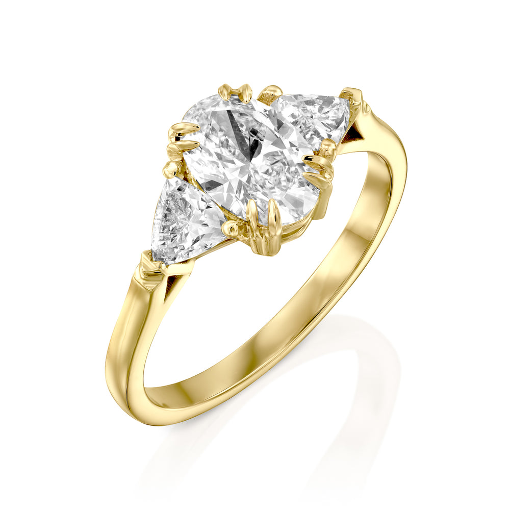 טבעת יהלומי מעבדה אובל ומשולשים זהב צהוב