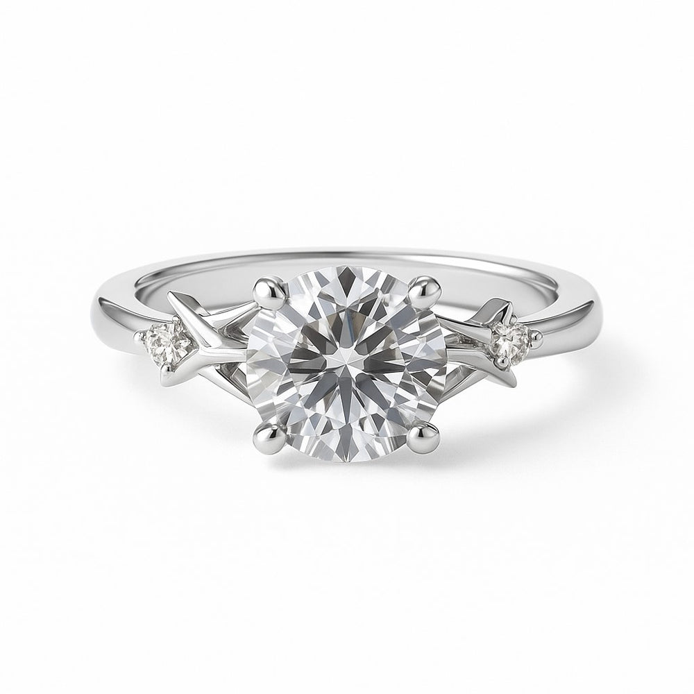 טבעת יהלום עגול בזהב לבן 14K עם עיטורי קוצים  יוקרה בעיצוב חד-פעמי