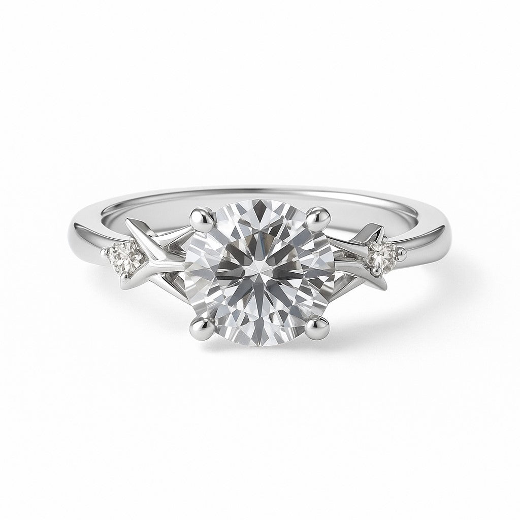 טבעת יהלום עגול בזהב לבן 14K עם עיטורי קוצים  יוקרה בעיצוב חד-פעמי