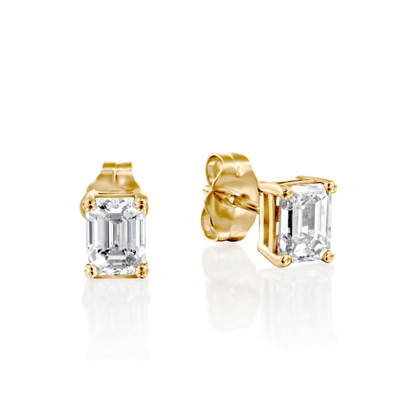 זוג עגילי סוליטר צמודים בשיבוץ יהלומי "אמרלד" מלבניים