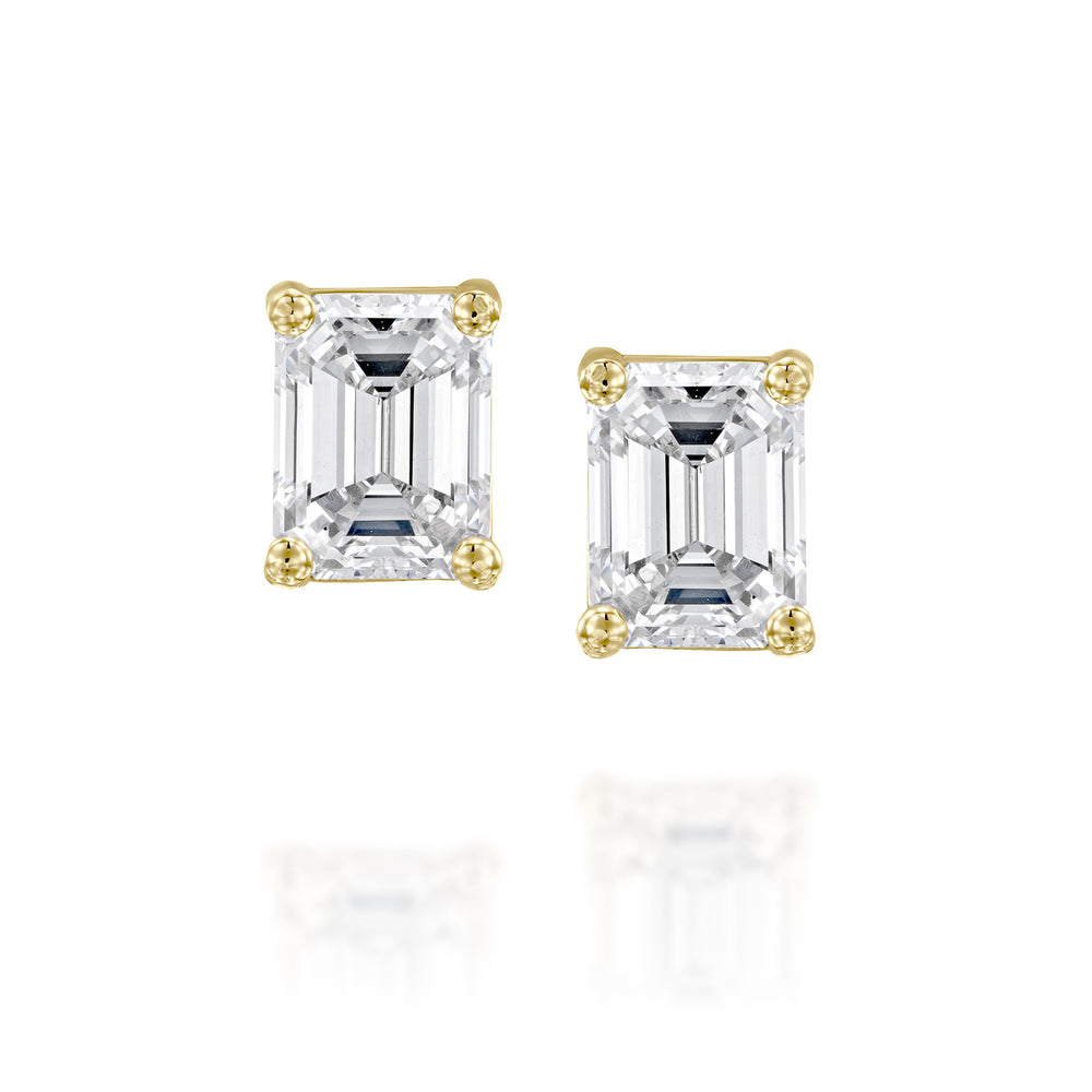 זוג עגילי סוליטר צמודים בשיבוץ יהלומי "אמרלד" מלבניים