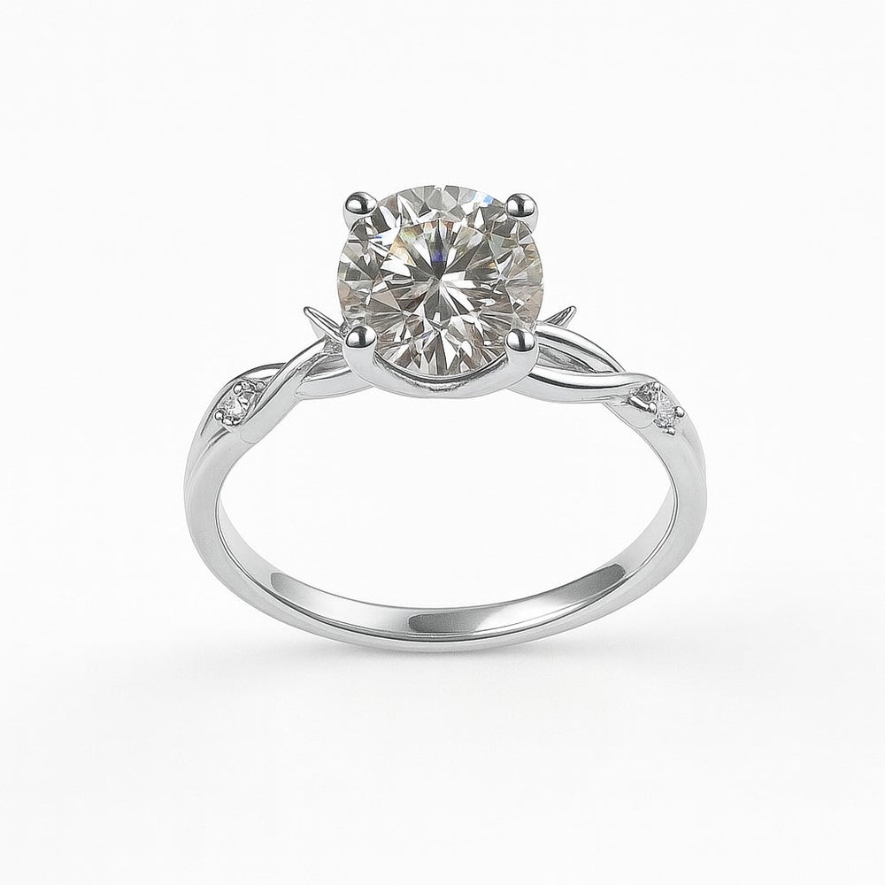 טבעת יהלום עגול בזהב לבן 14K עם עיטורי קוצים  יוקרה בעיצוב חד-פעמי