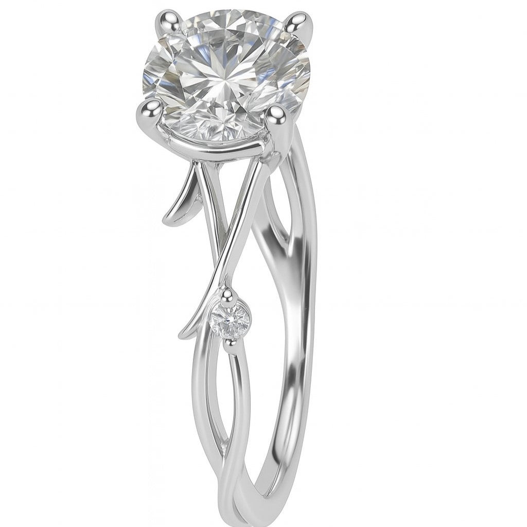 טבעת יהלום עגול בזהב לבן 14K עם עיטורי קוצים  יוקרה בעיצוב חד-פעמי